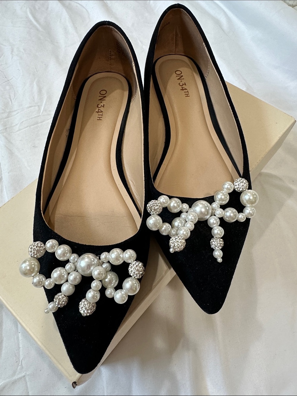 Black Pearl-Embellished Pointed Flats